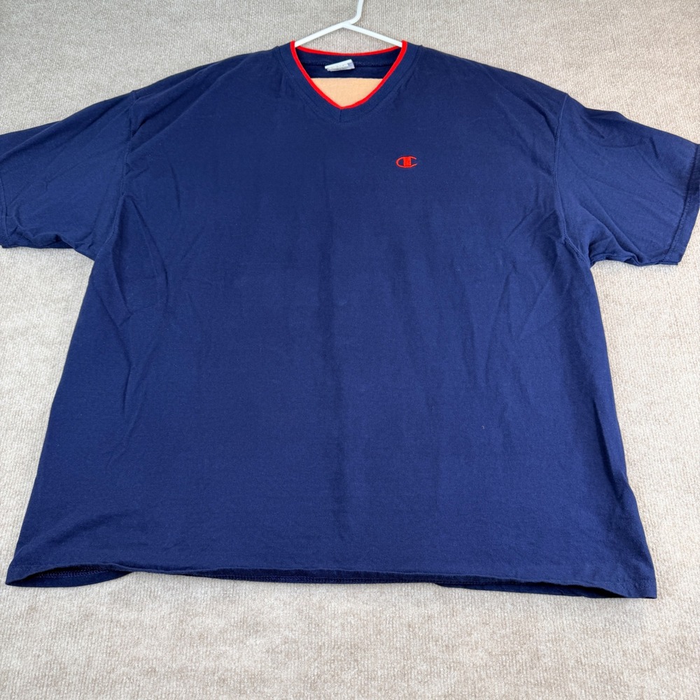 Champion Mens Navy Blue V Neck T Shirt Embroidered Logo Vintage 90s XXL - Picture 7 of 16